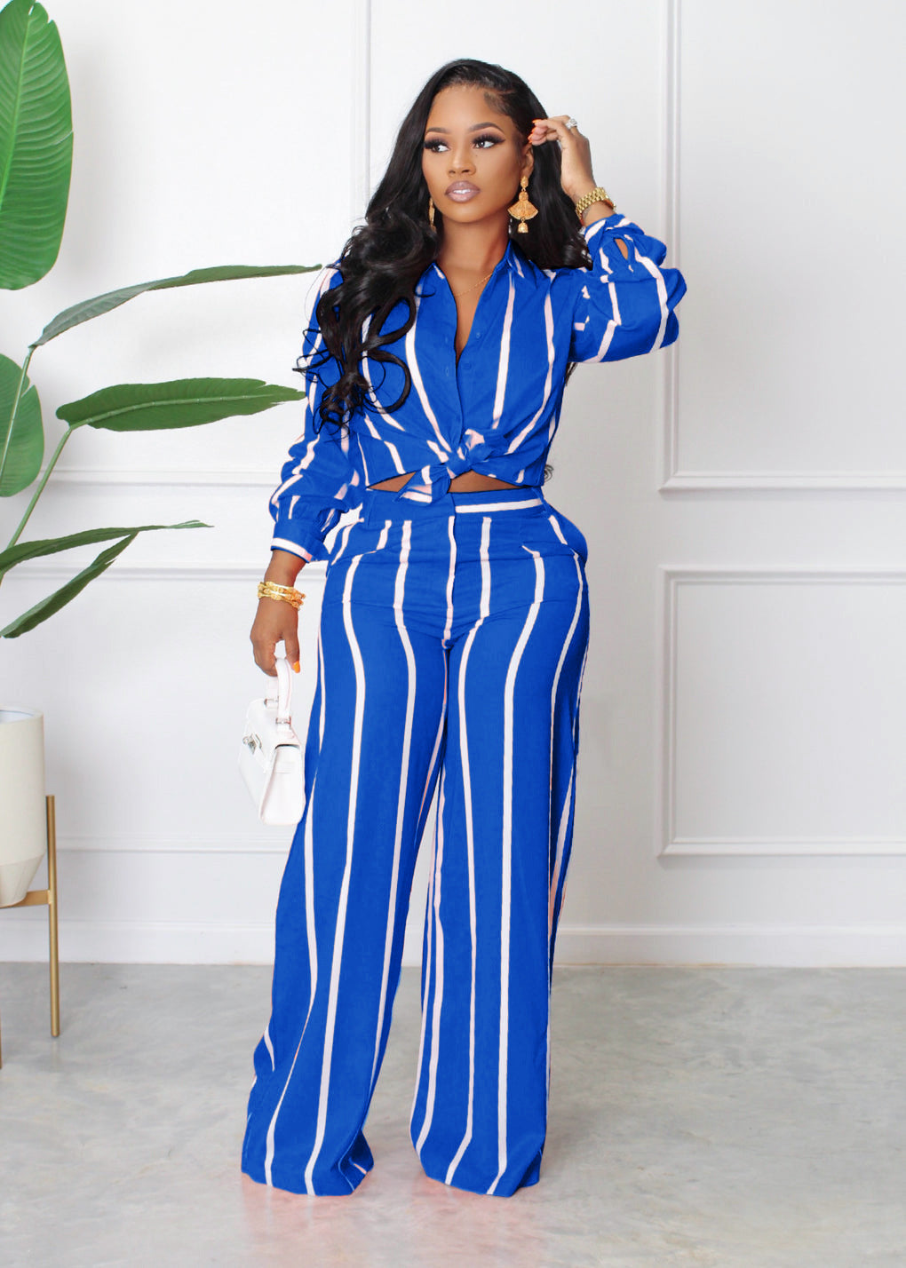 Madame Printed Striped Shirt Set with Two Pieces