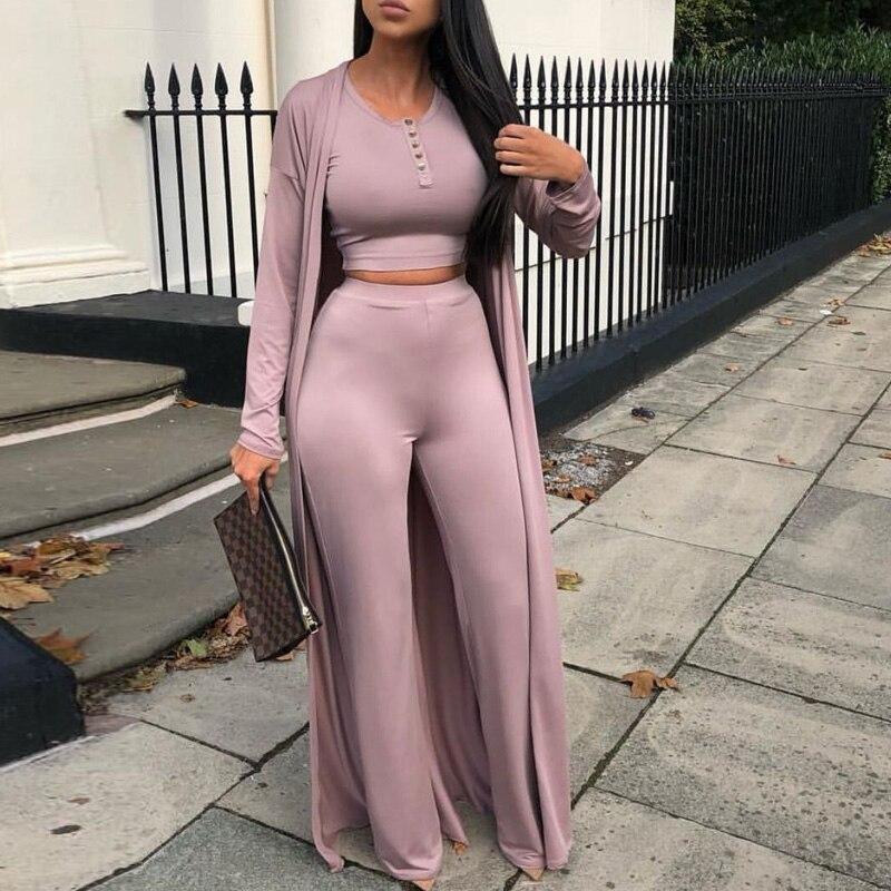 Sexy Button Vest Top + Cardigan + Wide Leg Pants Suit