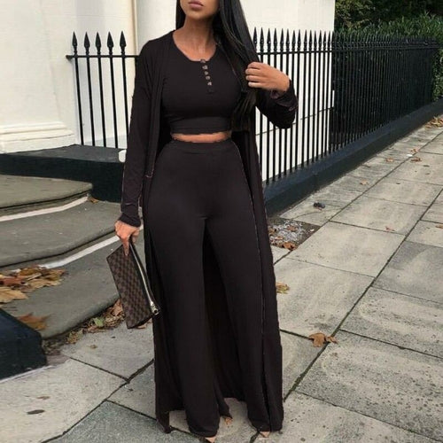 Sexy Button Vest Top + Cardigan + Wide Leg Pants Suit